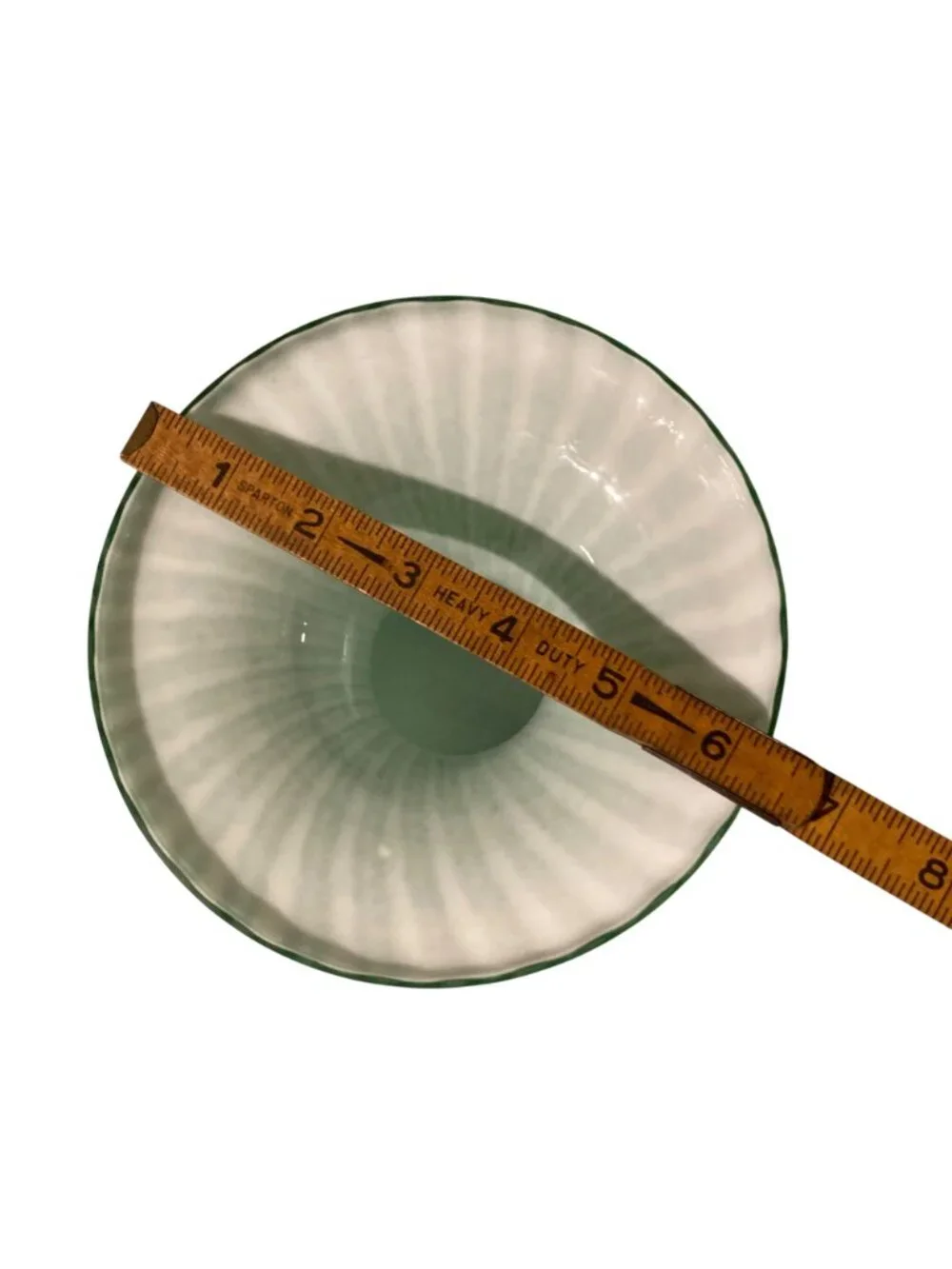 Green And White Cased Glass Vase With Fluted Rim And Striped Pattern